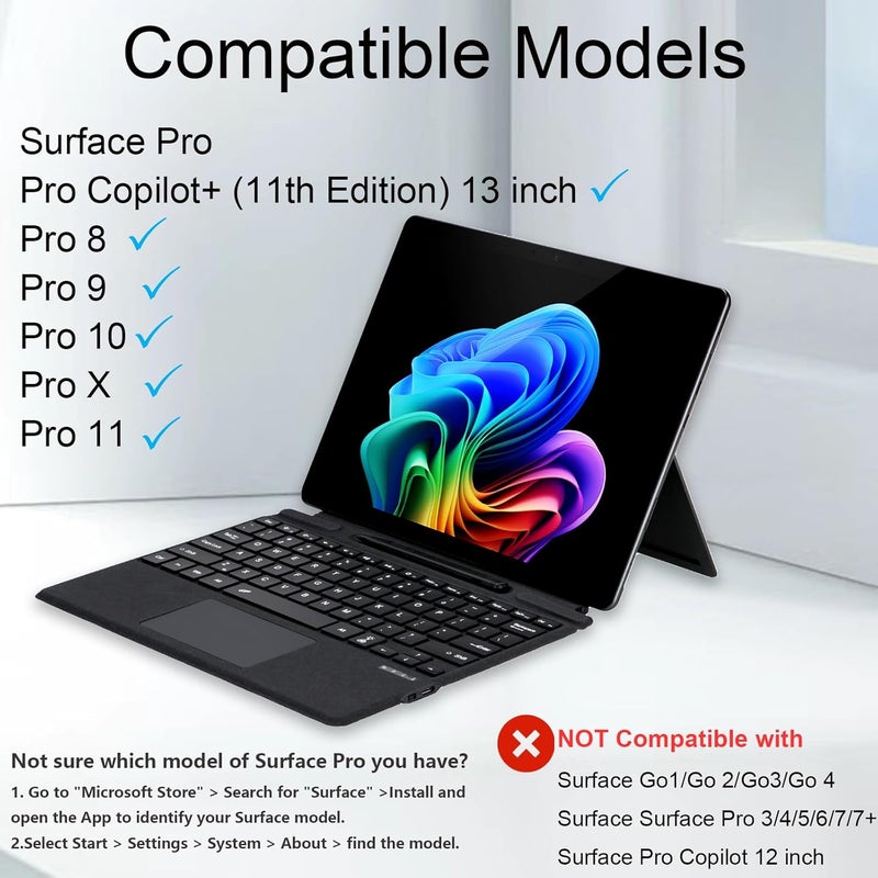 Zoof Type Cover for Microsoft Surface Pro 13 inch, Compatible with Surface Pro 13"(11th Edition) / Pro 11 / Pro 10 / Pro 9 / Pro 8 / Pro X, Portable Slim Bluetooch Keyboard with Touchpad, Pen Holder - Image 2